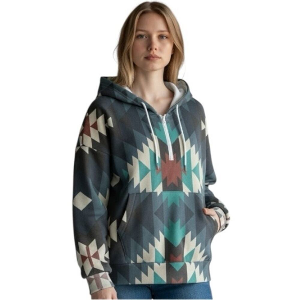 Aztec Graphic Hooded Quarter Zip Pullover Sweatshirt